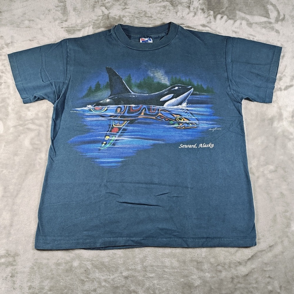 Vintage Seward Alaska Shirt Mens Medium Orca Killer whale Formline Single Stitch